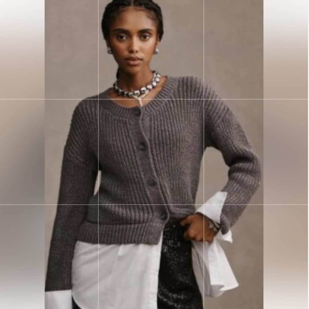 ANTHROPOLOGIE Dark Gray cropped twofer shirt Cardigan sweater Sz:S